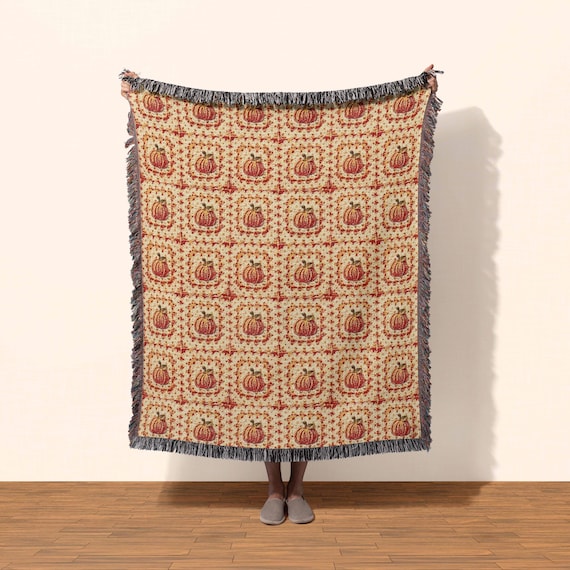 Fall Throw Blanket Cozy Fall Decor, Woven Cotton Throw Blanket, Autumn Cottagecore Granny Square Blanket Pumpkin Aesthetic New Home Gift