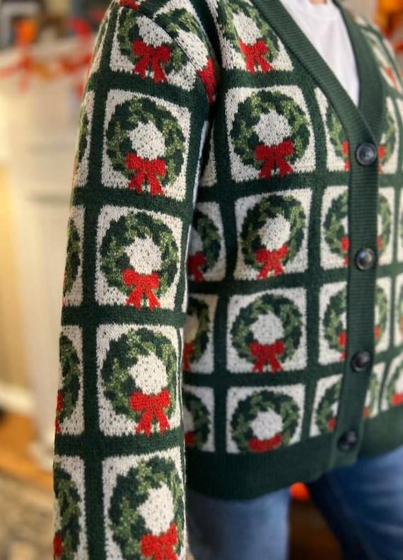 Christmas Wreath Cardigan, Green Cotton Blend Knit V-Neck Sweater, Unisex Sizes 2XS to 3XL Heirloom gift