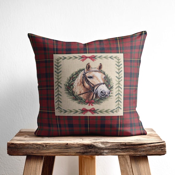 Plaid Horse Christmas Pillow, Equestrian Holiday Decor, Faux Needlepoint Pillow Cushion, Classic Preppy Lodge Style Christmas Home Gift