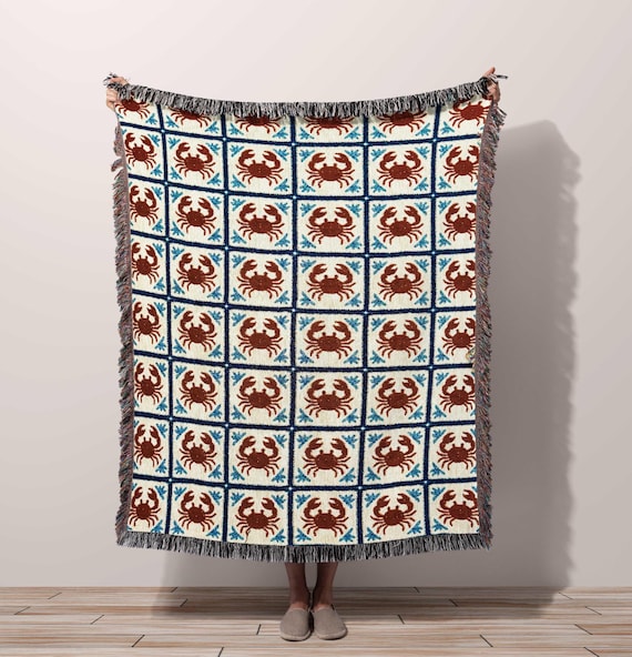 Coastal Crab Woven Throw Blanket, Nautical Tapestry Wall Art, Crab Fisherman Core Home Decor Gift  MADE IN USA