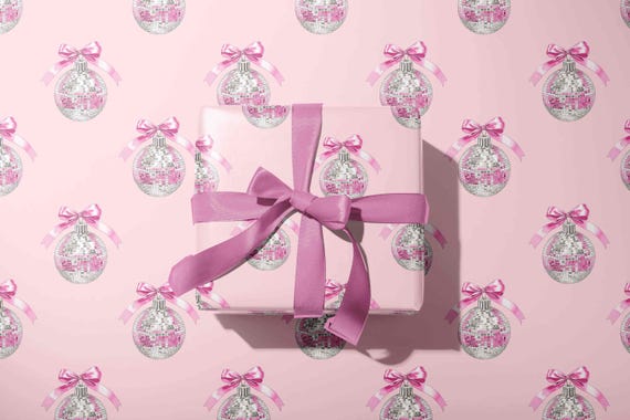 Christmas Gift Wrapping Paper Sheets Pink Coquette Bows Disco Ball Ornaments