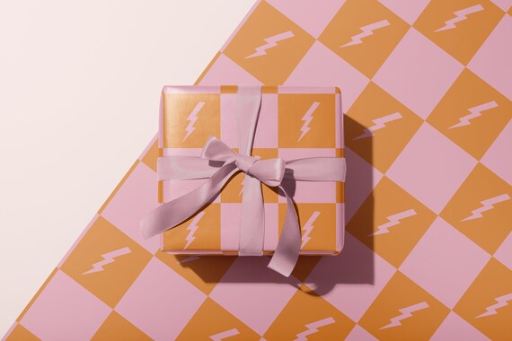 Lightning Bolt Retro Checkerboard Wrapping Paper, Thick Gift Wrap, Pink Orange Y2K Aesthetic Design | kids adult birthday party supplies