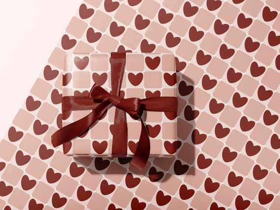 Checkered Heart Pink and Red Gift Wrapping Paper | Blush Pink, Red  | Luxury Gift Wrap Cute Heart Patterns | Valentine's Anniversary HBD