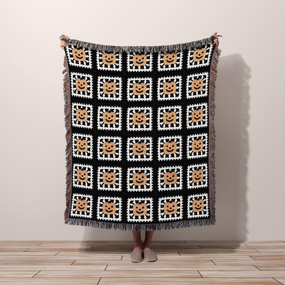 Halloween Blanket Woven Granny Square Cotton Throw Blanket, Jack O Lantern Pumpkin Cute Halloween Decor, Fall Bedding Halloween Gift Idea