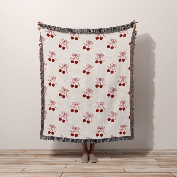Coquette Throw Blanket, Cherry Bow Woven Blanket, Girly Room Decor Cottagecore Aesthetic, Gift for Student, Dorm Back to School Housewarming