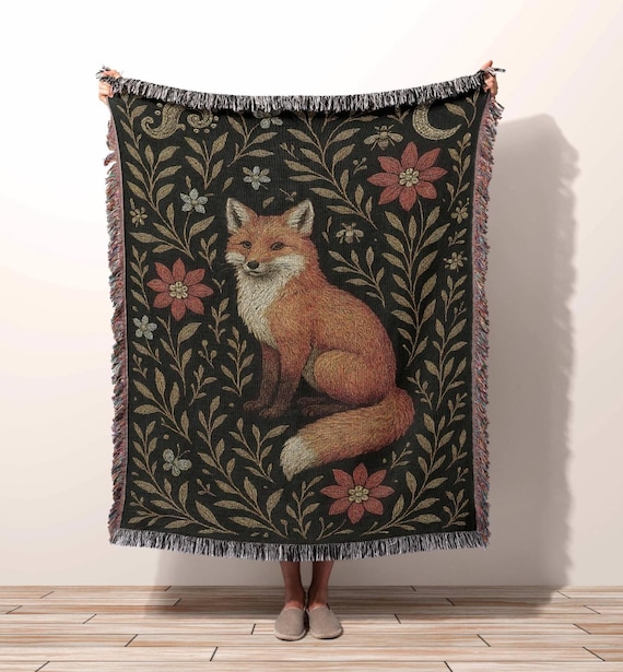 Fox Lover Throw Blanket, Cottagecore Woven Throw Gift Dark Academia Forest Tapestry, Woodland Animal Lover Gift, Vintage Wall Art Tapestry