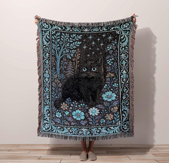 Black Cat Tapestry Blanket Witchy Celestial Home Decor Cotton Throw, Magical Folk Art Tapestry, Cat Lover Gift Witchy Fringe Woven Throw