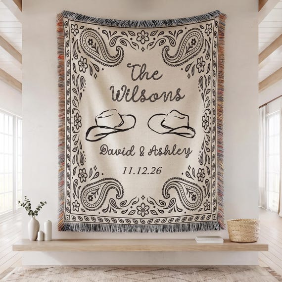 Personalized Western Wedding Blanket, Vintage Bandana Woven Throw, Cowboy Chic Couple Gift, Custom Names Date Rustic Anniversary Keepsake
