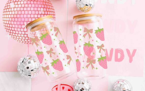 Water Glass Can Pink Strawberries Bows Dishwasher Safe 16 oz Glass Cup, Strawberry Girl, Coquette Pink Bows, Preppy Cute Table Setting Glass