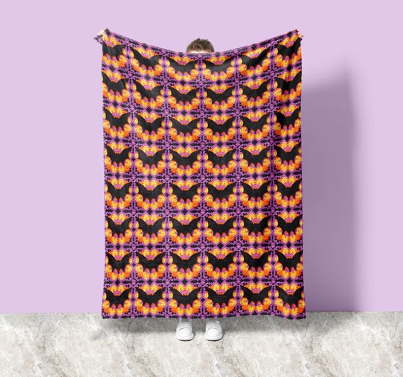 Cute Bat Throw Blanket | FAUX Crochet Look Granny Square Soft Velveteen | Colorful Halloween Decor for Spooky Season
