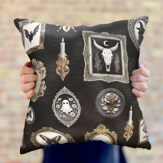 Halloween Pillow Goth Woven Throw Pillow  Home Decor, Wall of Oddities Dorm Apartment Home Accent Pillow Living Room Bedroom, got for goth