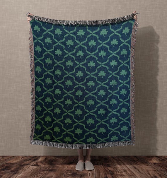 Shamrock Woven Throw Blanket St Patricks Day Gift | Irish Clover Cotton Blanket | Green Heirloom Cottagecore Home Decor Made in USA