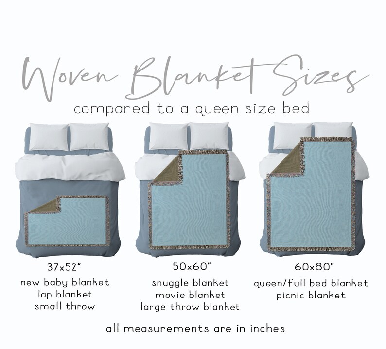 May include: Image showing woven blanket sizes compared to a queen size bed. The image displays three blankets: 94x132 cm, 127x152 cm, and 152x203 cm. Each blanket is shown on a bed, with text indicating the blanket type.