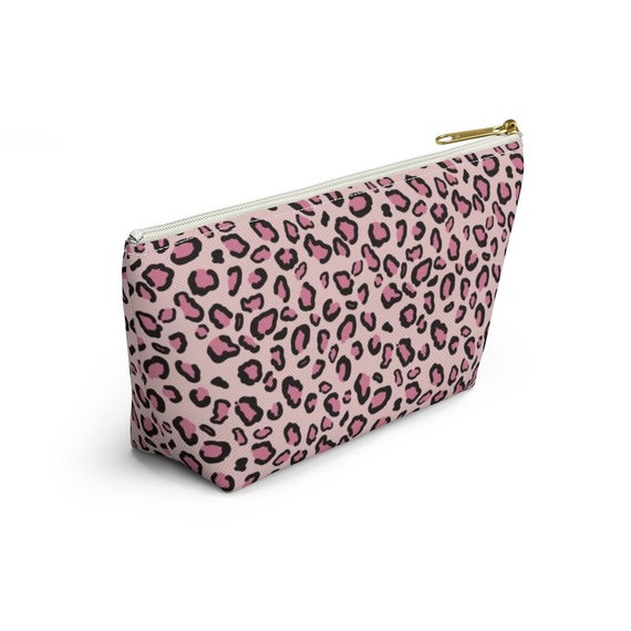 Pink Leopard Print Spots Makeup Cosmetics Pencil Travel Bag | Zippered Boxed Bottom Flat Bottom Pouch | XL, Small Gift Sizes | Gift for Mom