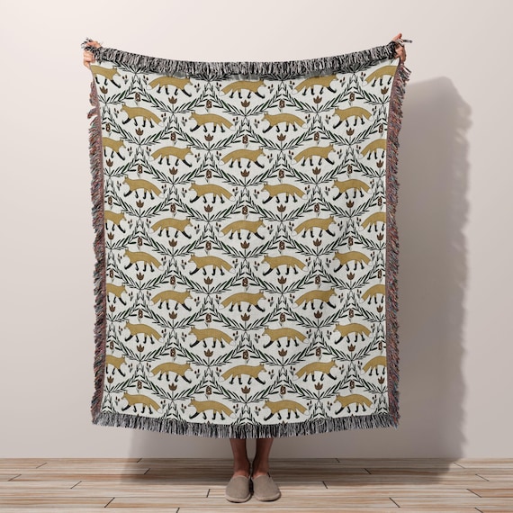 Fox Woven Throw Blanket, Cottagecore Bedding Woodland Forest Decor, Cabin Aesthetic Living Room Lodge Couch Blanket Made in the USA