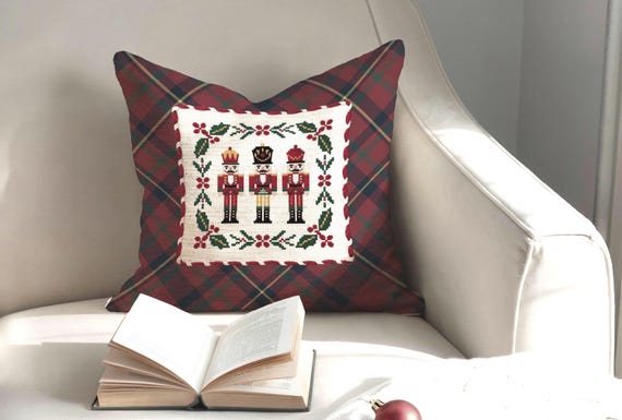 Plaid Nutcracker Throw Pillow Cover, Classic Christmas Tartan Decor, Faux Needlepoint Pillow Christmas Accent Cushion, Cozy Preppy Christmas