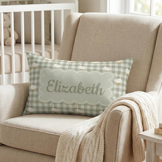 Personalized Goose Pillow Sage Green Gingham Baby Nursery Decor, Custom Name Lumbar Pillow