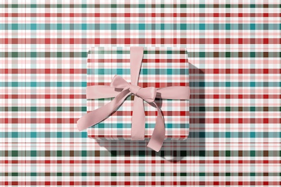 HOLIDAY PLAID GIFT Wrapping Paper | High Quality Rolled Sheets | Modern Christmas, Green, Pink, Red, Teal