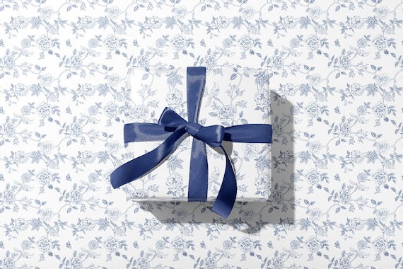 Chinoiserie Toile Rosebud Birds Butterflies Luxury Gift Wrapping Paper | Floral Blue Traditional Preppy Aesthetic Gift Wrap | Feminine Paper