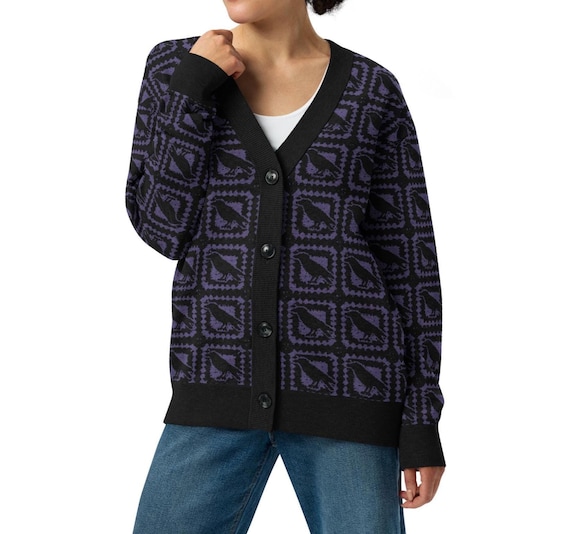 Crow Cardigan Gothic Witchy Granny Square Purple Black Faux Crochet Button Front Sweater Boho Raven Bird Knitwear Alternative Fashion