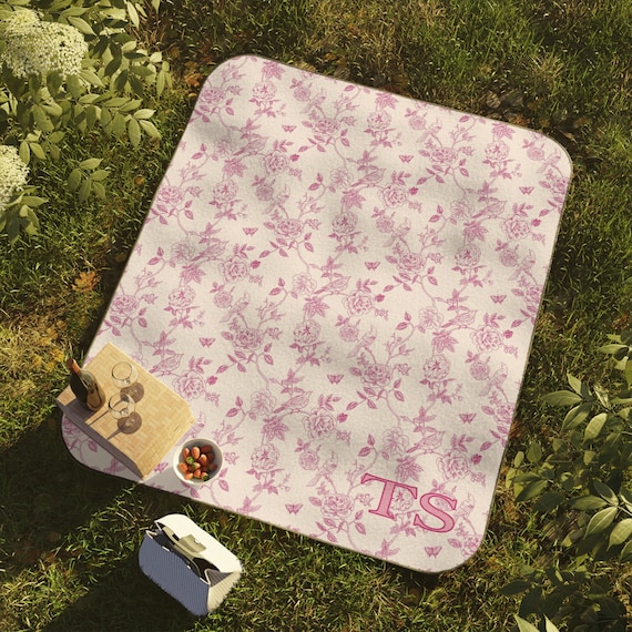 Personalized Picnic Blanket Pink Floral Toile Outdoor Blanket, Garden Girl Cottagecore Gift for Mom, Sister Girly Outdoor Blanket Glamping