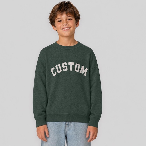 Kids Custom Name Sweater, Personalized Knit Varsity Letter Crewneck, Cotton Blend, Sizes 4-14