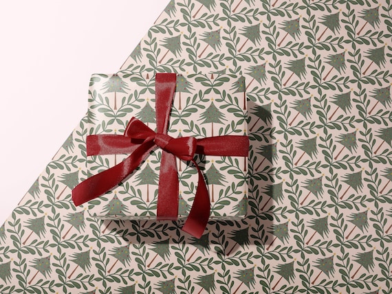 Classic Woodland Christmas Tree  Wrapping Paper | Holiday Forest Cottagecore Aesthetic |  Thick Paper Rolled Sheets | Red, Green Fall