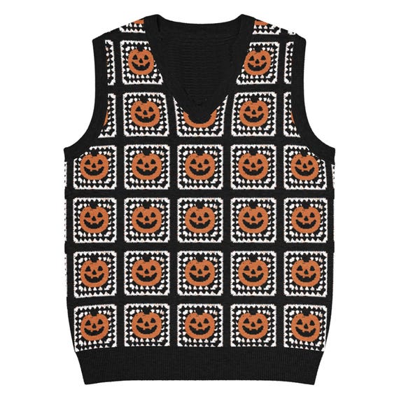 Halloween Pumpkin Sweater Vest Gift - Granny Square Knit for Fall Party