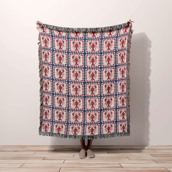 Lobster Granny Square Woven Throw Blanket, Fisherman Coastal Cottagecore Decor Gift