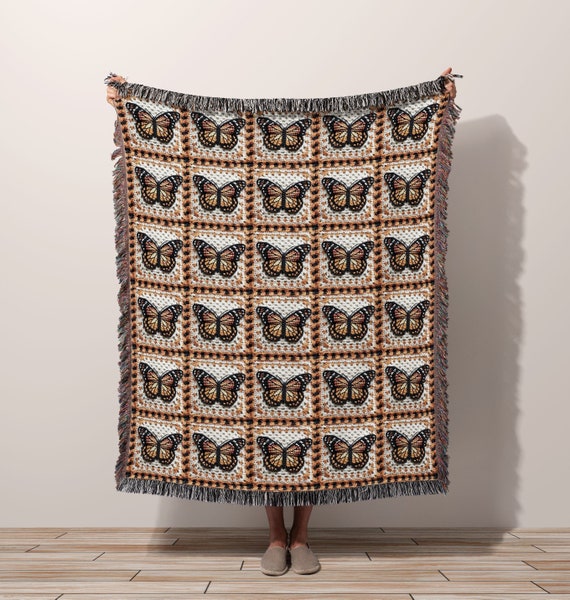Butterfly Blanket Cottagecore Decor Fall Blanket, Vintage Granny Square Bedding Cover, Boho Woodland Aesthetic, Wall Tapestry Art Gift