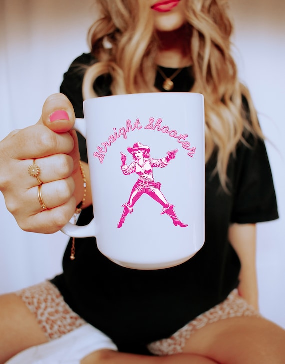 Retro Cowgirl Coffee Mug, STRAIGHT SHOOTER Vintage Cowgirl Pinup, Cute Hot Pink Design | Coastal Cowgirl Roommate Gift, Cute College Gift