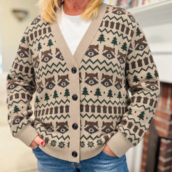Raccoon Trash Can Cardigan Sweater, Unisex Knit Button Up Christmas Sweater Funny Gift for Him, Cozy Cotton Blend