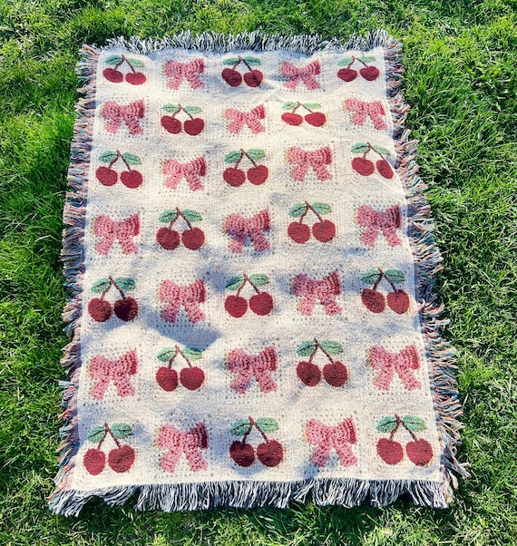 Cottagecore Throw Blanket Bows Cherries Coquette Room Decor Tapestry Wall Art, Cotton Blanket Gift Idea for Mom, Girlfriend, Wife, Sister