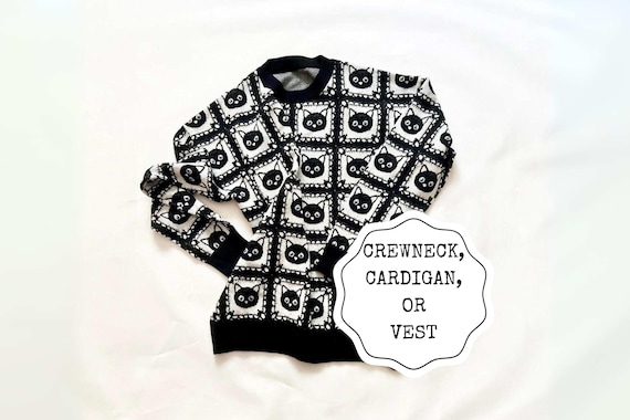 Black Cat Sweater Cat Cardigan Granny Square Knit Sweater, Unisex Crewneck  Cardigan or Sweater Vest Unique Cat Lover Gift Fall Winter Knit