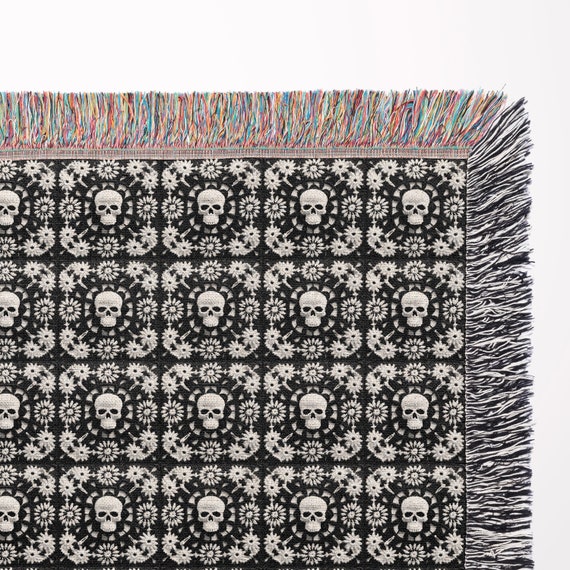 Granny Square Skull Woven Throw Blanket | Faux Crochet Gothic Decor | Made in USA | Cozy Halloween Fall Autumn | Dorm College Student Teen