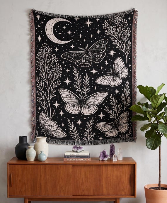 Celestial Moth Woven Throw Blanket, Cotton Witchy Whimsigoth Moon and Stars