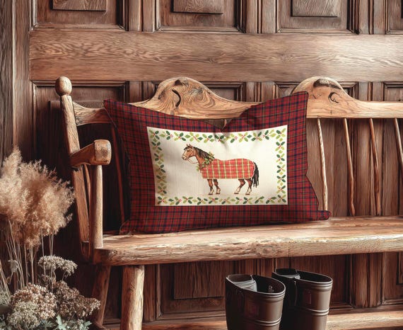 Horse Lumbar Pillow, Plaid Equestrian Christmas Decor,  Lodge Holiday Cushion, Cozy Cabin Tartan THROW Pillow Rustic