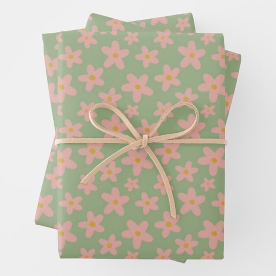 Pastel Daisy Wrapping Paper | Retro Flower Gift Wrap | 5 High Quality Sheets | Birthday, Baby Shower | Boho Baby Birthday, Sage Green Pink