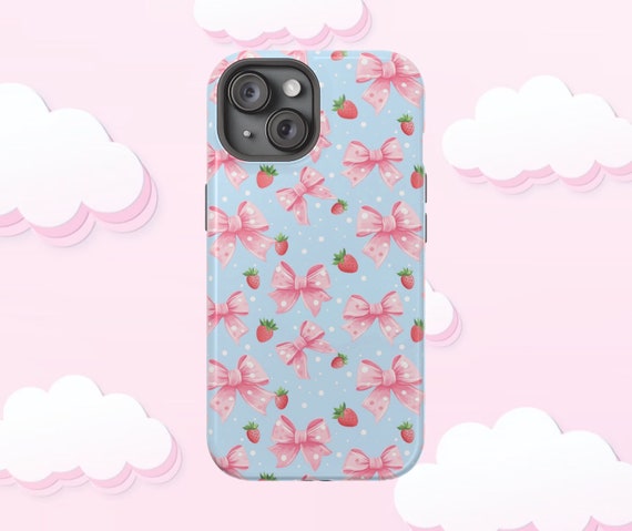 Coquette Phone Case Cute MagSafe Tough Phone Case Pink Bows Blue Strawberries  Girly Phone Case compatible with iPhone 13 14 15 16 Pro Max