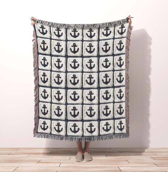 Anchor Throw Blanket, Woven Cotton Blanket Coastal Home Decor, Nautical Decor Rustic Beach Lake House Cabin Lodge Fisherman Aesthetic Gift
