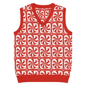 May include: A red and white knitted vest with a V-neck. The vest features a repeating pattern of white pinwheel designs on a red background. The neckline and hem are solid red.