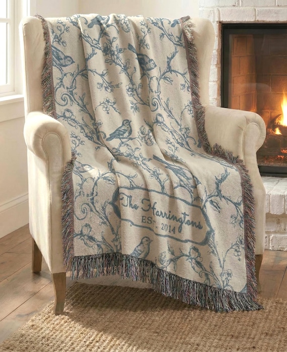 Personalized Chinoiserie Bird Woven Blanket | Custom Anniversary Wedding Gift, Mother's Day Gift Cotton Home Decor