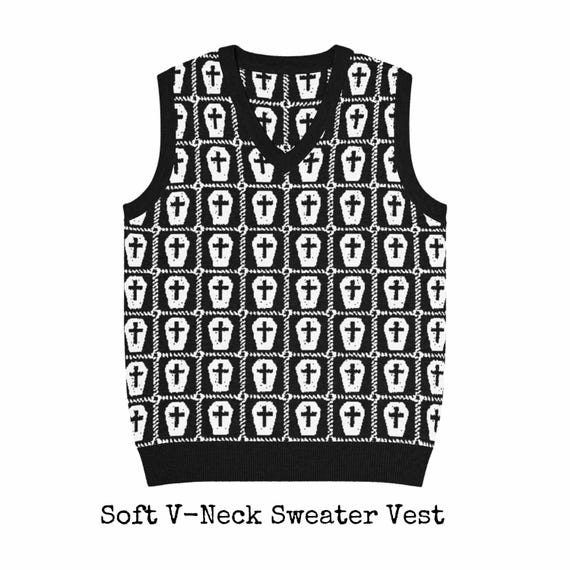 Gothic Coffin Knit Cardigan Sweater Black White Granny Square Button Up Sweater Fashion Goth Witchy Clothing Dark Academia