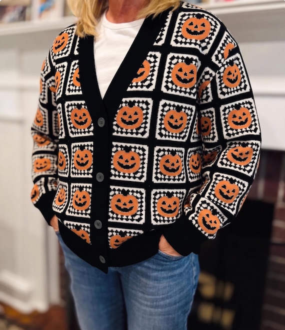 Halloween Pumpkin Granny Square Knit Cardigan, Black Orange Cotton Blend Button Front