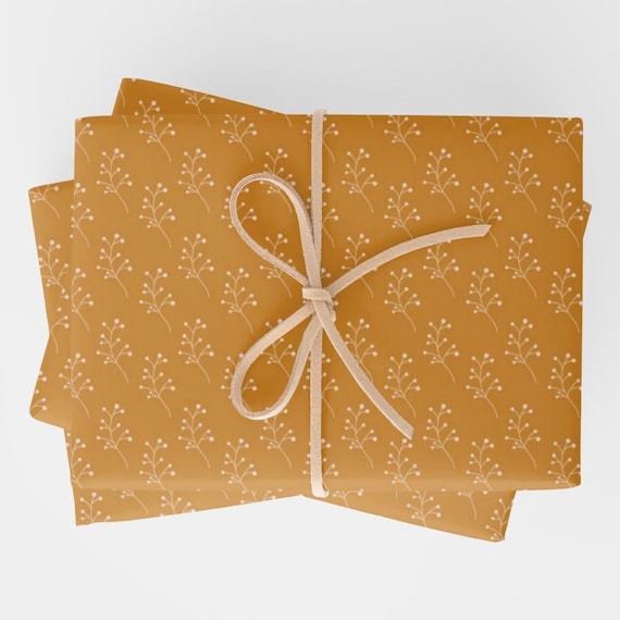 Autumn Yellow Gold Wrapping Paper, Fall Aesthetic Cottagecore Gift Wrap, Rolled Sheets, Pink Botanical Foliage | Cute Holiday Ideas