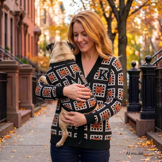 Matching Halloween Dog Sweater Set | Monogram Pumpkin Granny Square Unisex Knit | Dog Mom & Owner Gift