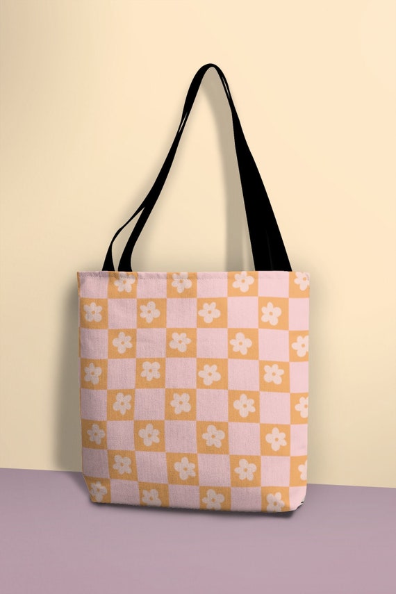 Retro Daisy Checkered Tote Bag Pink and Orange Checkerboard 