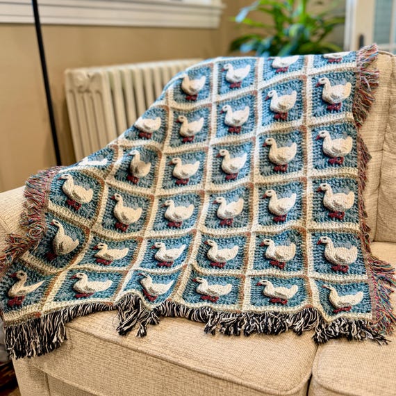 Cute Goose Throw Blanket Woven Cottagecore Blue White Geese, Personalized Name Gift, Patchwork Quilt Lap Blanket Bedding Nursery Decor
