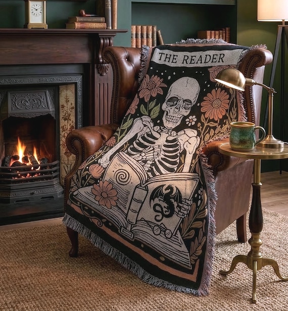 The Reader Tarot Woven Throw Blanket Book Lover Gift | Witchy Gothic Home Decor | Dark Academia Wall Hanging Tapestry