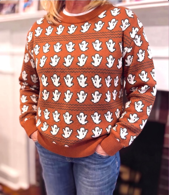 Fair Isle Halloween Sweater, Ghost Knit Crewneck, Cute Pixel Ghost Pullover, Cozy Retro Spooky Sweater, Unisex Halloween Gift
